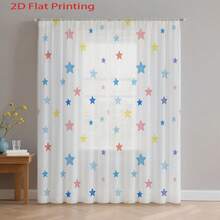 2pcs Vibrant Star-Patterned Tulle Curtains Feature Soft Pink, Blue, And Yellow Star Designs In A 2D Flat Print. They Are Semi-Transparent, Rod-Mountable, And Suitable For Living Rooms, Bedrooms, And Game Rooms. - Multicolor - 2pcs - View 7