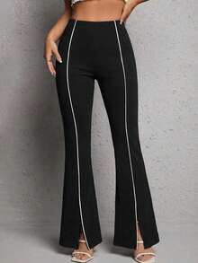 Classic Black Casual Pants With Contrasting White Side Stripes, High-Waisted Slim Fit With Slightly Flared Leg Design To Elongate The Legs, Stretchy Draping Fabric, Retro American Sports Style Suitable For Fitness, Shopping, Outings, Spring/Autumn, Vintage Sports Themed Parties, And Daily Wear. - Black - View 2