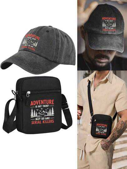 1件/2件装创意“冒险就在眼前，但连环杀手也同样存在”印花男女通用复古水洗棒球帽和包，可调节，个性化街头时尚单品，适合工作通勤、校园、户外运动、旅行、休闲穿着，送给自己或朋友都是不错的选择。