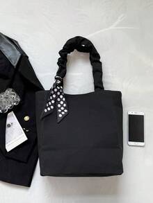 Large Capacity Crinkle Canvas Tote Bag For Women - Black - View 3