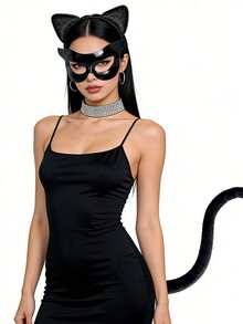 黑猫服装配饰，猫女风格，闪亮舞会猫面具，万圣节成人猫耳尾巴套装，配水钻项圈 - 黑色 - 查看 3