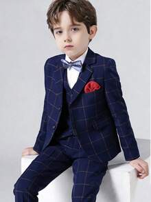 Young Boy Blue Plaid Blazer & Pants & Bow Tie 3pcs Formal Suit Set Without Vest, Spring & Fall Stylish Wedding Party Piano Recital Pageboy Tuxedo - Blue - View 1