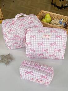 Bolsa de viaje multifuncional de gran capacidad con estampado de lazo y cuadros, bolsa de maquillaje rosa con lazo de guinga, bolsa de maquillaje rosa con lazo de guinga, organizador de cosméticos acolchado con asa, 3 tamaños para viaje y uso diario, bolsa de maquillaje rosa con lazo a cuadros, estética, bolsa de cosméticos acolchada, bolsa de aseo portátil de viaje para niñas - Rosa - Ver 2