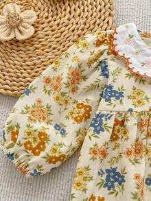 Infant French Vintage Floral Peter Pan Collar Romper, Spring/Autumn Baby Bodysuit, Crawler Suit, Children's Clothing - Mustard Yellow - View 6
