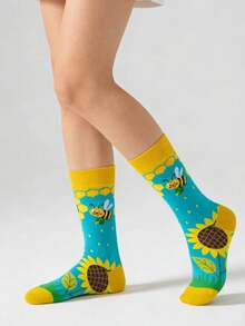 1 Pair Women's Socks, Sunflower & Bee Design Mid-Calf Socks, Casual Versatile Socks, Unisex, Suitable For All Seasons Including Summer - Multicolor - View 4