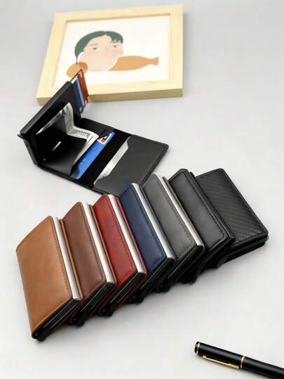 Fashionable Business High-Quality Men's Carbon Fiber RFID Blocking Card Holder - Automatic Pop-Up Aluminum Alloy Card Case, 6 Colors PU Leather Anti-Degaussing Ultra-Thin Durable Lightweight RFID Shielding Card Wallet For Gift Giving, Business, Daily Commute, Work, Travel, Shopping, Gathering, Date, Outdoor & School