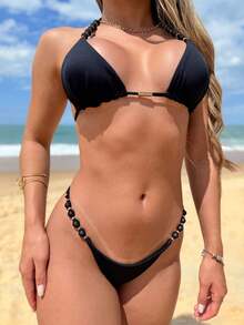 Jade Bikini With Pearls, Luxury Beach Set For Women, Summer, Bathing, And Sea - 黑色 - 查看 3