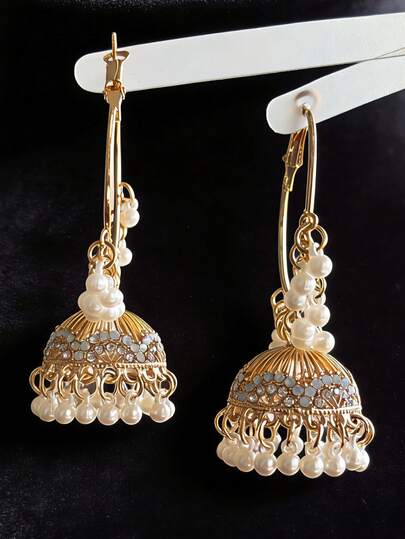 Fashionable Faux Pearl Tassel Hoop Earrings,Synthetic Zirconia Inlaid Pendant Earrings Suitable For Women's Daily Wear,Party,Wedding Ear Accessories