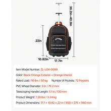 Werkzeugrucksack mit Rollen, 50 kg Tragkraft, 72 Taschen, Werkzeugtasche, verstellbarer Teleskopgriff & stabile Basis, Arbeitsrucksack-Organizer für Bau & Mechanik, 450x275x560 mm - 38,1 cm (15 Zoll), 1680D Oxford-Gewebe - Übersicht 11