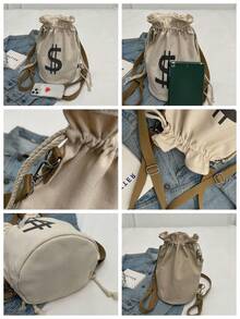 Spring/Summer New Black/Beige/Khaki Letter Print Casual Canvas Shoulder Bag, Crossbody Bag, High-Value Student Backpack, Drawstring Bucket Bag, Lightweight Portable, Adjustable Strap, Fits Books, Files, Stationery, Phone, Power Bank, Water Bottle, Office/Commute - Multicolor - View 7