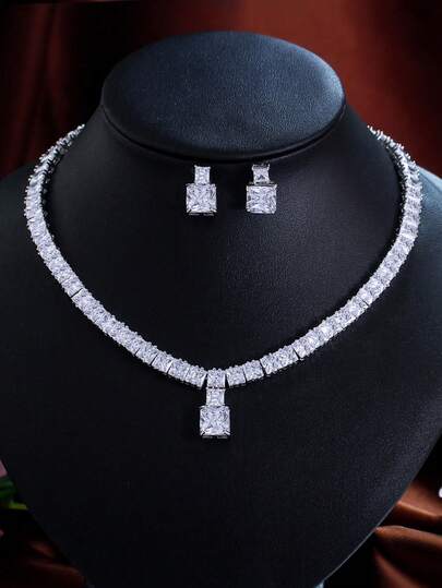 1 Set Square Cubic Zirconia Tennis Drop Necklace Earrings Silver Plated CZ Crystal Women Jewelry Set For Brides Bridesmaids Wedding Engagement Banquet Party Prom Costume Accessories To Female Ladies Girlfriends Wife Gift