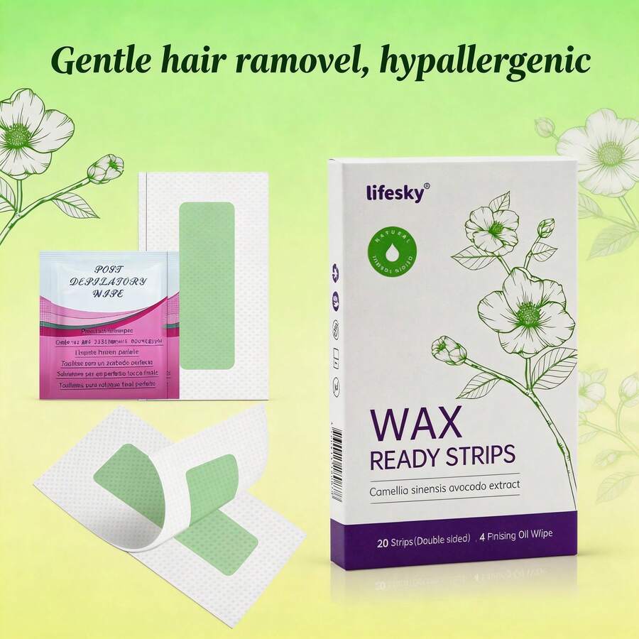 lifesky Facial Wax Strips - Natural All Skin Types - Waxing Kit With 20 Face Wax Strips & Post Wax Oil - 橄欖綠 - 查看 1