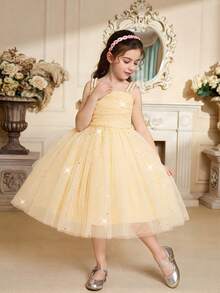 Elegant Ruffle Mesh Backless Bowknot Dress For Young Girls, Suitable For School Dance, Birthday Party, Without Headband - Champagne - View 5