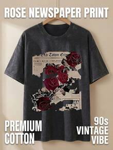 Women's Fun Retro Thorny Rose And Newspaper Cartoon Letter Pattern Prints On The Street, Korean-Style Comfortable Retro Fashion Commuting Versatile Y2k Women's Clothing, Regular Niche Punk Style Black Fitted Round-Neck Short-Sleeved Washed T-Shirt, Washed Retro Series Comfortable Pure Cotton T-Shirt, Easily Create Retro Casual Clothing, Suitable For Daily Commuting, Leisure Outings, Daily Wear, Classic Retro Style Women's Clothing - 黑色 - 查看 3