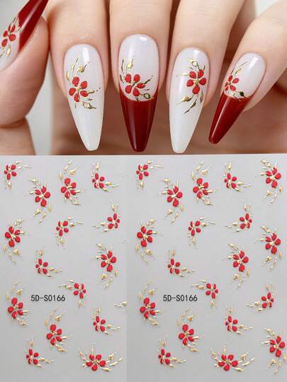 Naklejki na paznokcie z motywem kwiatowym, 2 arkusze, złote, kwiatowe, samoprzylepne, 5D, złote i czerwone, kwiatowe wzory na paznokcie, naklejki na paznokcie z motywem kwiatowym, artykuły do zdobienia paznokci, wiosna, lato, dla kobiet i dziewcząt, walentynki, Boże Narodzenie, akcesoria do paznokci, dekoracje, akcesoria do manicure