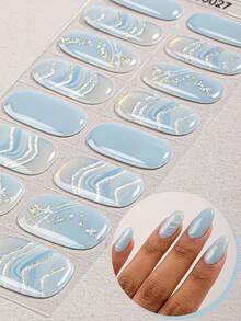16Pcs Spring/Summer Blue Silver Glitter Waves Semi-Cured Gel Nail Strip,Fresh Luxurious Style Nail Stickers, Self-Adhesive Easy To Apply,Suitable For Women And Girls Home DIY Manicure - Baby Blue - View 11