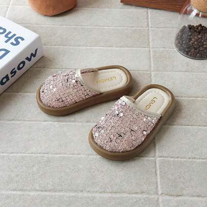 Summer New Style 2026 1 Pair For 3-12 Years Old Girls, Pink Tweed & Sequin, PU Leather Anti-Slip & Wear-Resistant, Slip-On Closed-Toe Round-Toe Thick Sole, Sweet Mule Slippers, For Daily Casual School & Parties Best Seller Of The Season