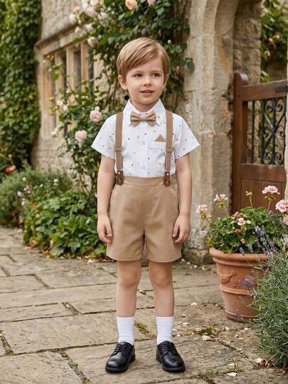 BOARNSEORL 2pcs Young Boys Gentleman Outfit - Short Sleeve Shirt With Bow Tie And Khaki Suspender Shorts, Fashionable & For Birthday Party, Formal Occasions