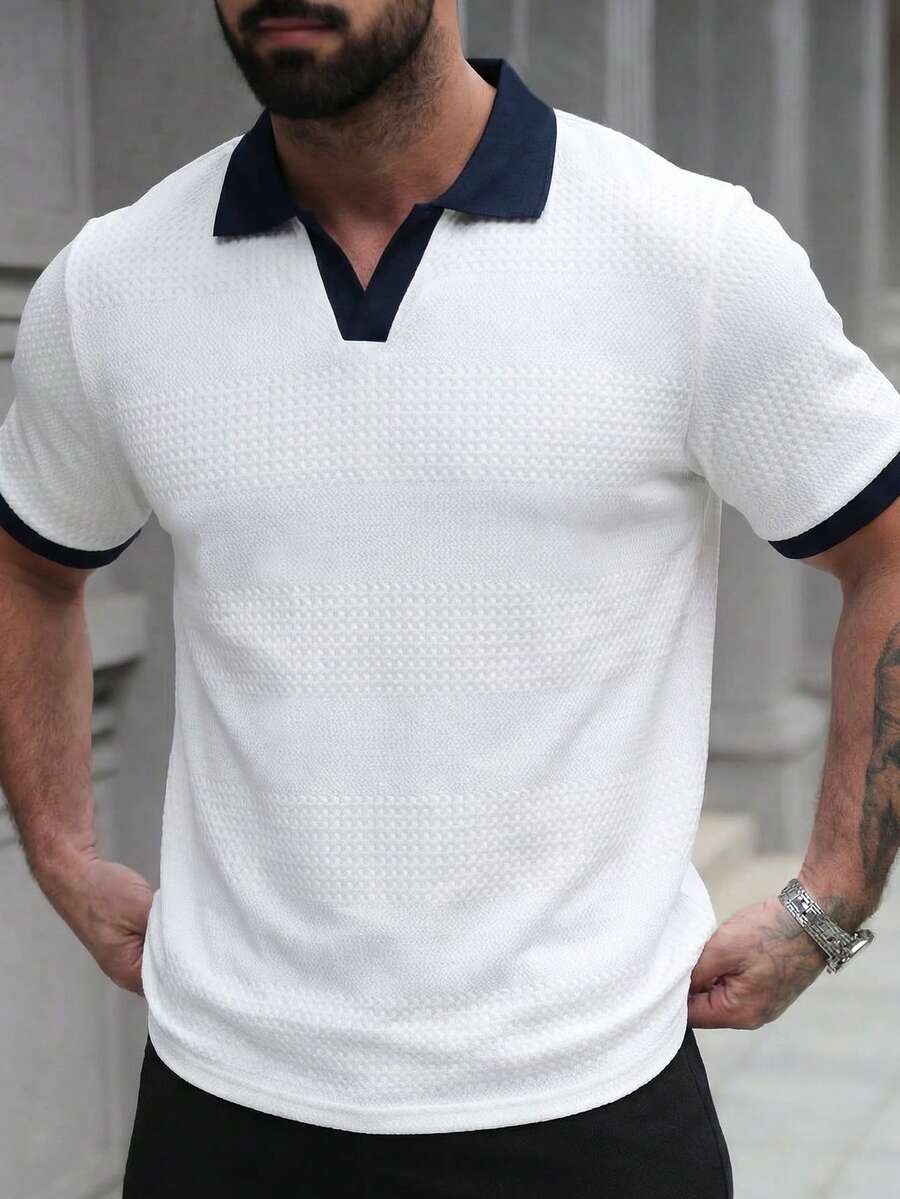 一件白色纹理面料翻领Polo衫 - 白色 - 查看 1