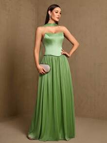2pcs Women's Elegant Strapless A-Line Chiffon Dress, Suitable For Attending Balls, Graduation Ceremonies, Parties And Other Occasions - Green - View 9