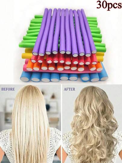 30支装柔性免加热卷发棒 - 可弯曲扭转卷发棒，DIY柔软泡沫卷发 - 美发造型工具 - 适用于普通发质，柔性卷发棒，免加热卷发器，适用于短发和长发
