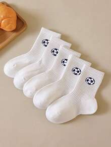 5/1 Pair Spring/Summer White Children's Crew Socks, Classic Black & White Football Sports Socks, Black & White Football Pattern Decor, Soft & Skin-Friendly, Comfortable Casual Student Sports Socks, Suitable For Student Back To School, Sports Events, Daily Wear, Gift For Holidays/Back To School/Football Matches - White - View 9