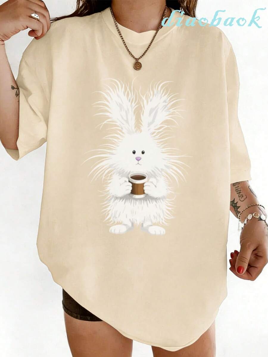 Women's Easter Bunny Graphic T-Shirt | Spring Tops, Casual Tops For Women, Clothes Women, Summer Clothes Women, Easter Outfit, Cute Rabbit Tee - 杏色 - 查看 1