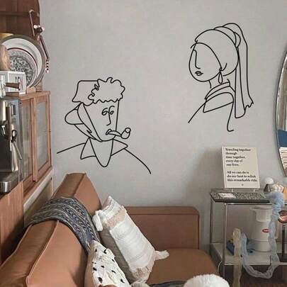 梵高与珍珠女孩抽象画风格手绘肖像，名画线条艺术橱窗展示玻璃墙贴