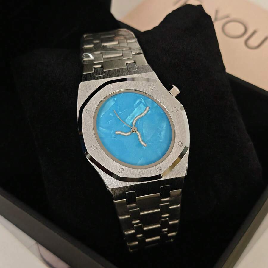 Ladies Luxury Fashion Watch - Blue/Pink Unique Textured Dial Wavy Hands Elegant Watch Quartz Movement