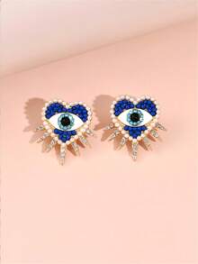 1 Đôi bông tai hình trái tim đá mắt quỷ, kiểu dáng châu Âu và Mỹ, mạ vàng, đính ngọc trai dành cho nữ - Xanh đậm - Xem 5