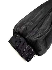 SUPGIR 女士 V 领亮片拼接喇叭袖修身雪纺优雅晚礼服 - 黑色 - 查看 9