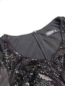 SUPGIR 女士 V 领亮片拼接喇叭袖修身雪纺优雅晚礼服 - 黑色 - 查看 7