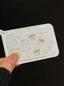 适用于 17 Pro Max 17 Pro 的可爱 3D 蝴蝶结水晶透明相机镜头保护膜，玻璃镜头保护贴纸 - 波紋金色蝴蝶結 - 查看 4