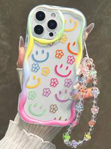 笑脸彩绘平纹印花奶油色波浪边可拆卸手链简约防震加厚手机保护壳，印花图案，兼容 17/17 Pro/17 Pro Max/16 XR/7/8 15 Pro Max/12 Pro Max/13 Pro Max/14 Pro Max 13 14 11 12P14 女款 P11 软壳 P12 防摔 XS.XR /78P.78GES2，适用于 A134G A22 A21S A514G A52 S22 ULTRA A335G，A34 A35，适用于 10 Note 114G 11 Lite A53 TPU A14 /A23/S23 ULTRA S24 A14 A15 S23 A73 A55 A54 手机壳 - 彩色 - 查看 2