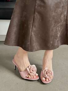 Pink Rose Pointed Satin Flower Mule High Heel Sandals For Women, Summer - Pink - View 5