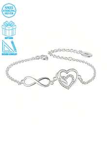 925 Silver Minimalist Zirconia Heart-Shaped Infinity Bracelet, With Creative Infinity Symbol And Heart Design, High-End Accessory For Women - Silver - View 3