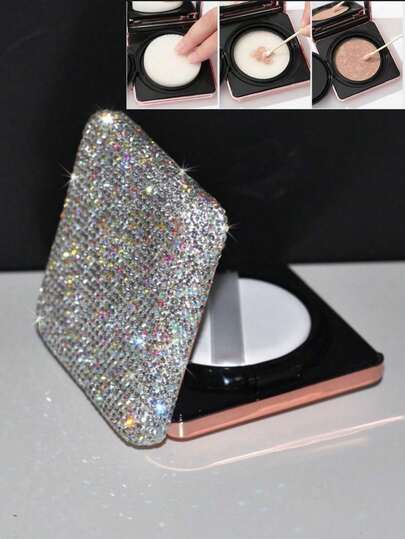 15g Foundation Powder Compact, 1pc Luxury Sparkling Rhinestone Decorated Foundation/Primer Refillable Travel Makeup Container, Elegant Gift