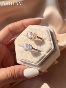 1枚奢华双梨形切割立方氧化锆戒指，925纯银单枚戒指，精致珠宝礼物，适合女孩生日、舞会等场合 - 款式1 - 查看 3