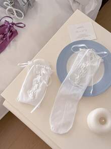 1双女士小腿袜（无硬纸板），薄款芭蕾舞风格交叉蝴蝶结小腿袜，适合春夏穿着，可与裙子百搭。 - 彩色 - 查看 5