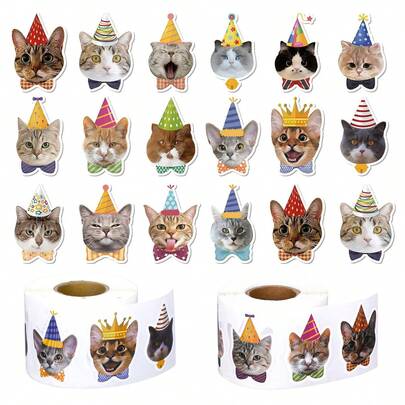 500张大号猫咪生日帽贴纸，2款卡通猫咪生日贴纸，可移除PVC贴纸，适用于笔记本电脑、水瓶、剪贴簿、行李箱、信封、DIY装饰、标记、奖励、教师鼓励等剪贴簿用品，趣味贴纸，Kindle适用