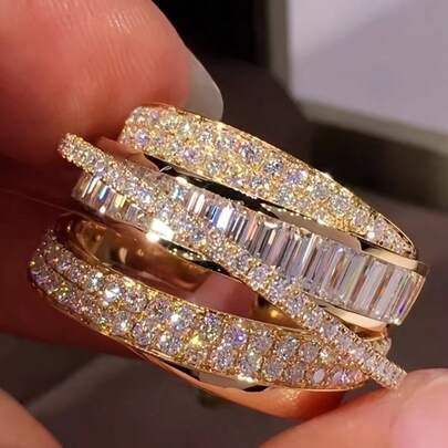 Elegant Multi-Layer Copper Rings And Shimmering Synthetic Cubic Zirconia Rings, Luxurious Fashion Statement For Parties And Banquets, Ideal Valentine's Day Gift For Women