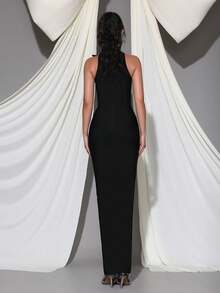 New Round Neck Sexy Sleeveless Heavy Hand-Embroidered Beaded 3D Floral Rhinestone Fitted Long Bandage Dress Party Evening Gown - Black - View 7