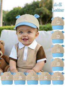 1pc Toddler Khaki & Blue Contrast Cute Bear Ear Letter Embroidery Baseball Cap, Soft Breathable Sun Protection Hat Suitable For Outdoor Play, Daycare, Travel And Casual Wear, Fits Ages 1-3 - Blue and Skin Color Combination - View 1