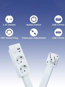 1个带USB-A、USB-C接口和2个交流电源插座的电源插座延长器，最长可延长27.56英寸 - 彩色 - 查看 3