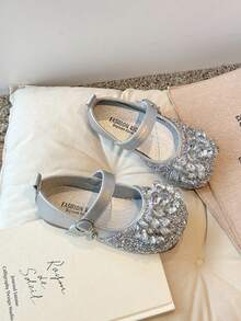 1 Pair Girls Silver Faux Leather & Rhinestone Flower Decor Breathable Lining Mixed Material Flat Slip-On Adjustable Strap Casual Shoes, Suitable For School And Family Outings - Silver - View 3