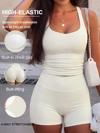 GAOVOT Women's Sexy Camisole And High Waist Shorts 2 Pieces Set, Summer Sports Fitness Yoga Running Outfit White