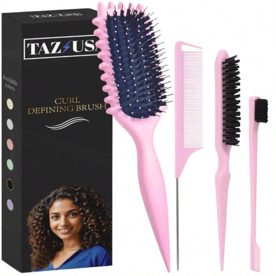 Curl Defining Brush, Curly Hair Brush For Styling, Shaping, Detangling &Amp; Defining Curls For Women And Men, Curl Brushes For Curly Hair Work On All Wet Or Dry Hair Types (Pink,4 Pcs Set) - ColorE - 查看 1