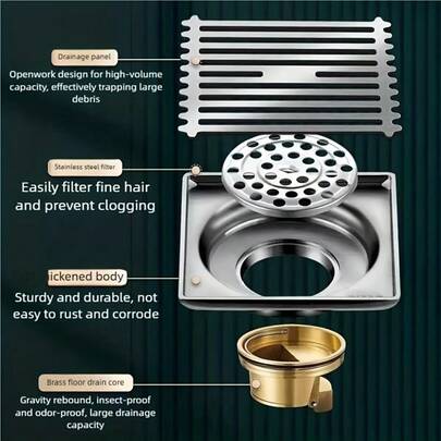 Thickened Stainless Steel Floor Drain, Square Anti-Insect And Anti-Odor Drain, One-Piece Design, Anti-Corrosion, Anti-Rust, Non-Deformable, High Load-Bearing, Long Lifespan, Easy To Disassemble And Clean, Anti-Clogging