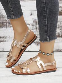 Women's Rivet Hollow-Out Comfortable Flat Sandals, Gladiator Sandals, Summer, Solid Color Bohemian PU Leather Rivet Buckle Flat Sandals For Beach - Champagne - View 6