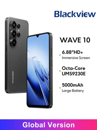  Blackview WAVE 10 全球版智能手机，6.88 英寸高清+ 120Hz 高刷新率显示屏，3200 万像素 AI 后置摄像头 + 1300 万像素前置摄像头，支持最高 24GB RAM + 256GB ROM + 最高 2TB TF 卡扩展